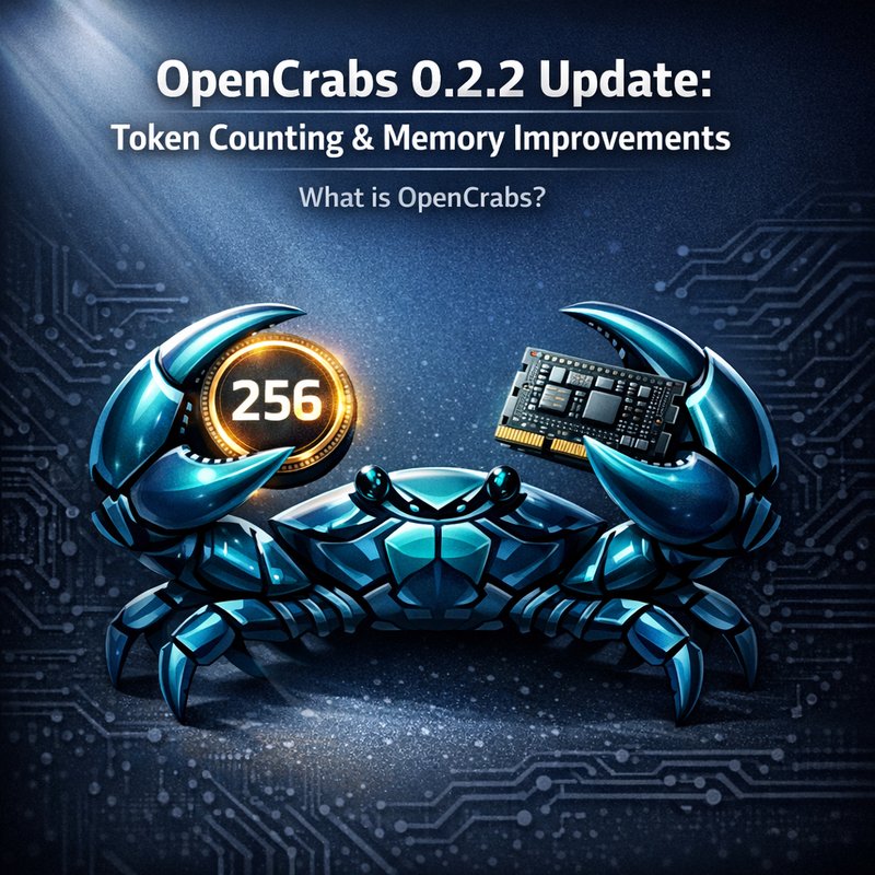 OpenCrabs 0.2.2 update screenshot showing token counting and memory improvements