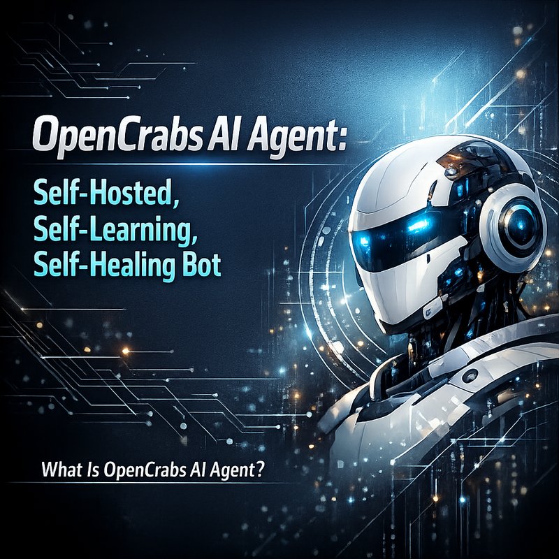 OpenCrabs AI Agent logo with self‑hosted chatbot illustration