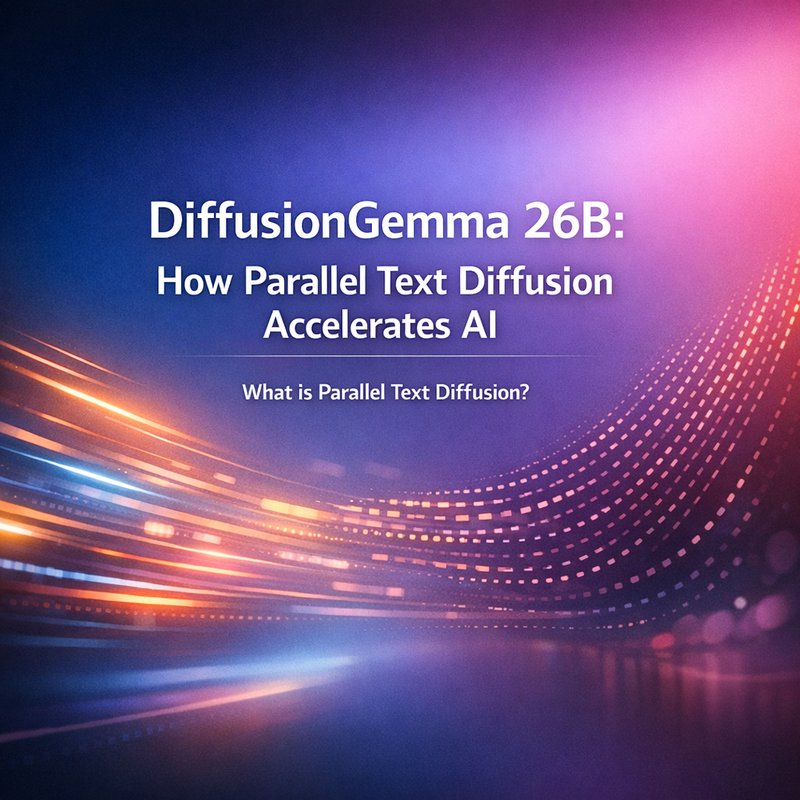 DiffusionGemma 26B model illustration showing parallel text diffusion process